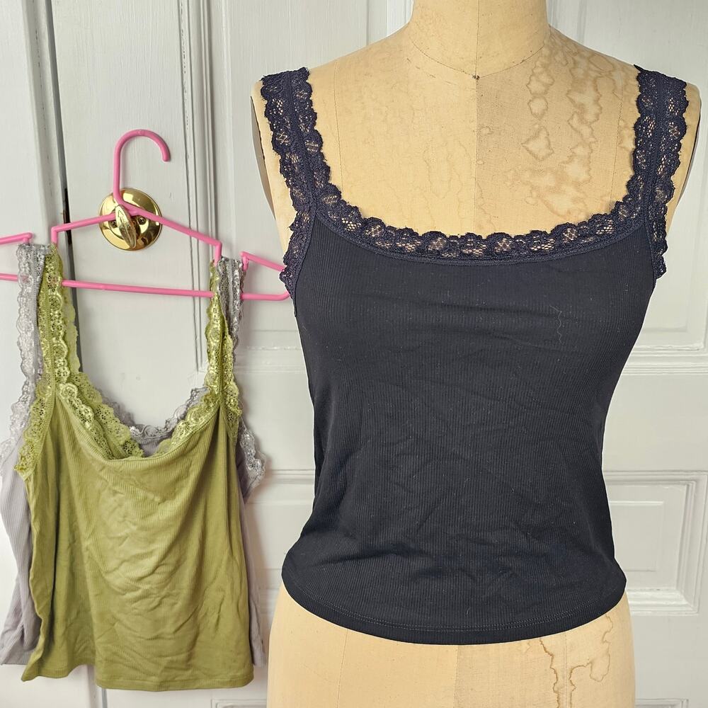 Three NWOT rib knit stretch tanks black gray olive lace boho festival